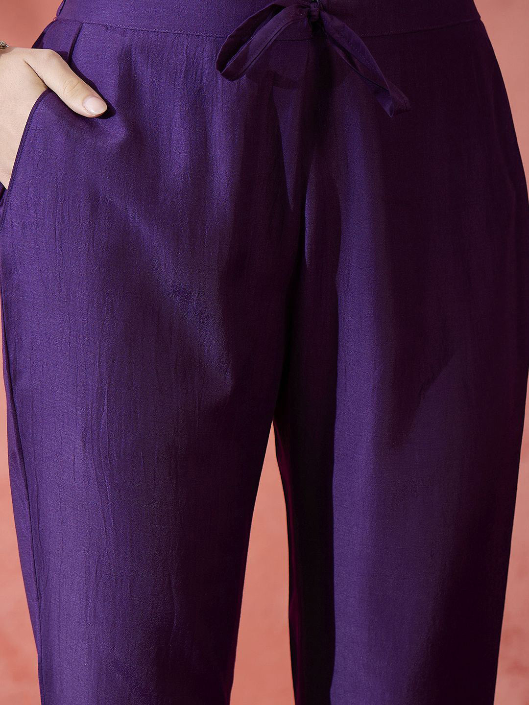 Purple Floral Embroidered Round Neck Straight Kurta With Trouser And Dupatta