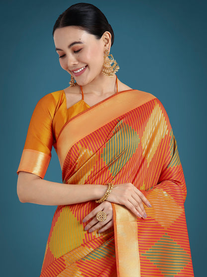 Dhiyona MJ Orange Colour Banarasi  Silk Zari Weaving Classic Saree