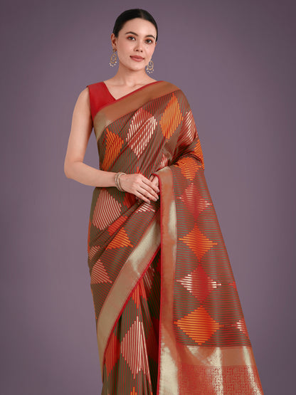 Dhiyona MJ Red Colour Banarasi Silk Zari Weaving Classic Saree