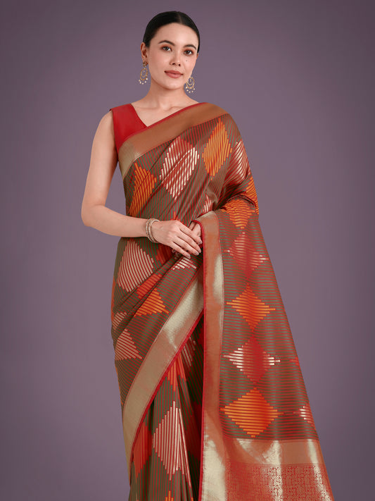 Dhiyona MJ Red Colour Banarasi Silk Zari Weaving Classic Saree