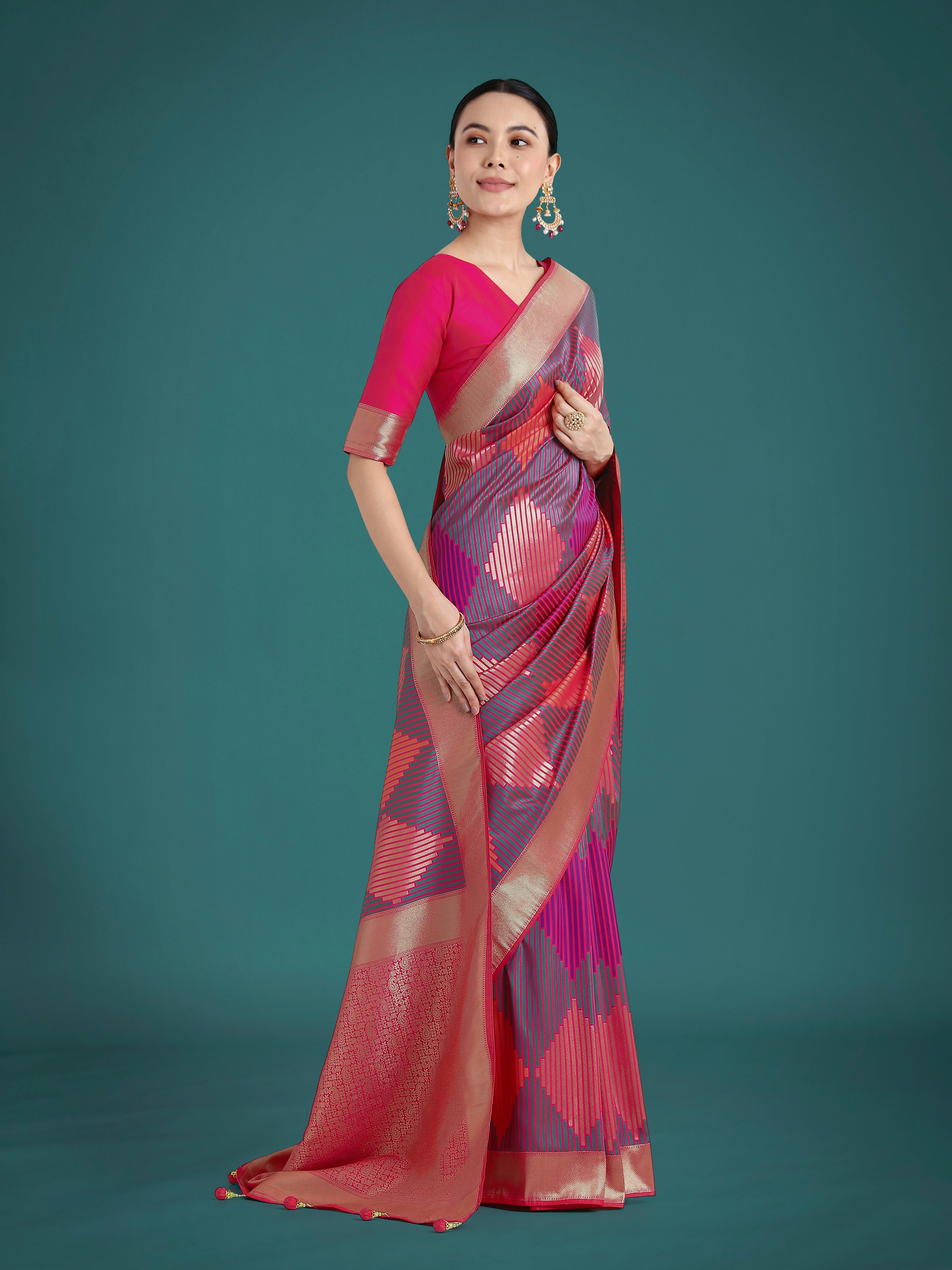 Dhiyona MJ Pink Colour Banarasi Satin Silk Zari Weaving Classic Saree