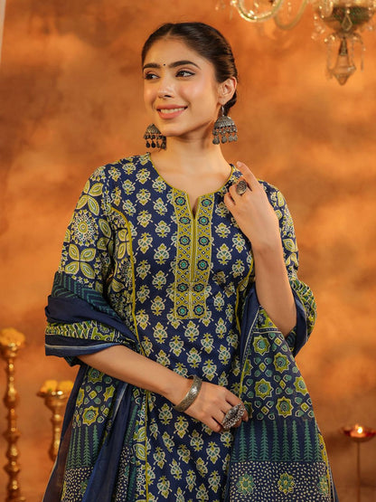 Dhiyona RR Women's Ethnic Motifs Printed Pure Cotton Anarkali Kurta with Trousers & Dupatta