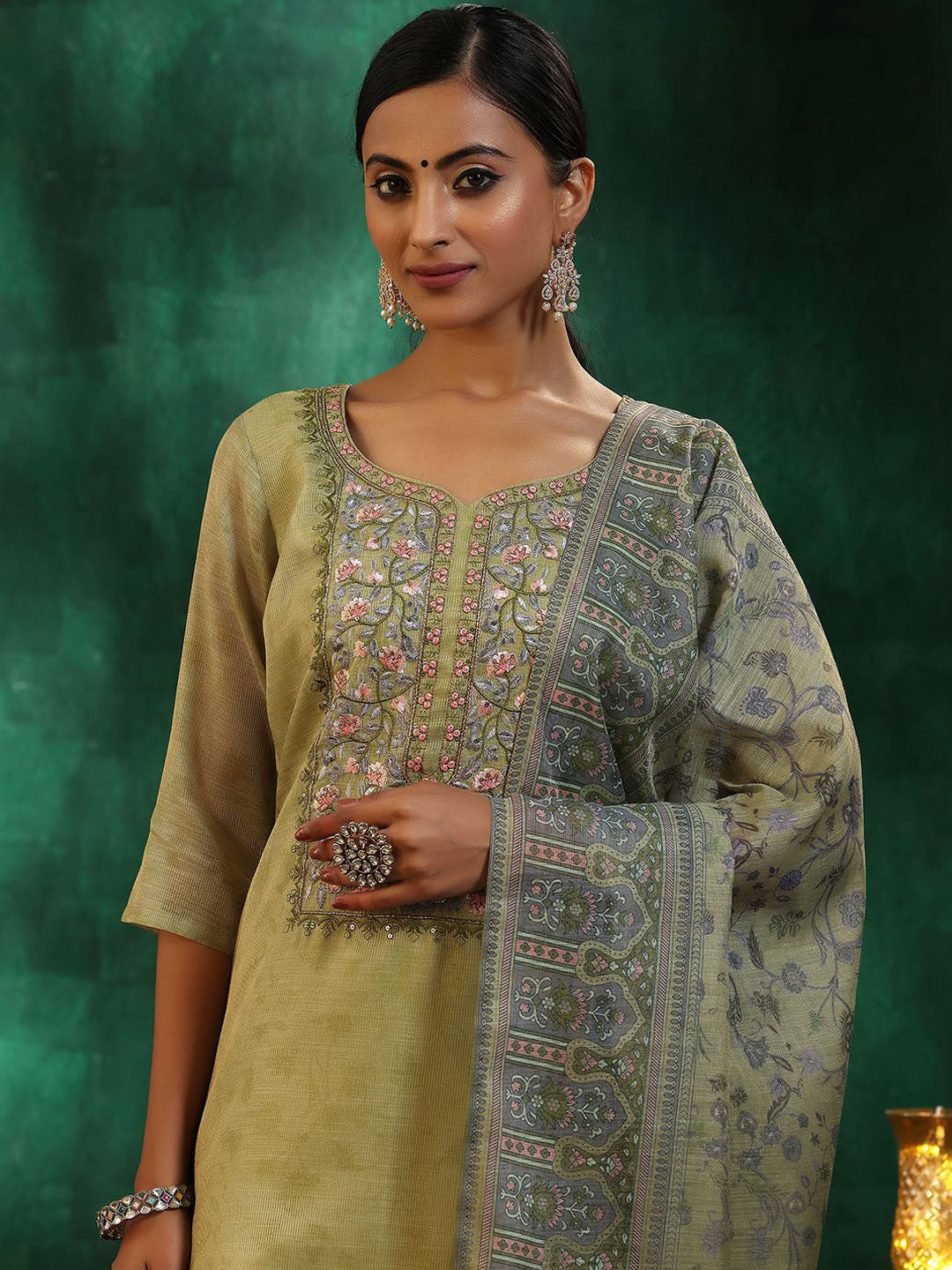 Women Floral Yoke Design Regular Beads and Stones Kurta with Trousers & With Dupatta