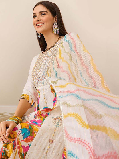 Dhiyona IS Women's Floral Printed A-Line Mirror Work Kurta with Trousers & Dupatta