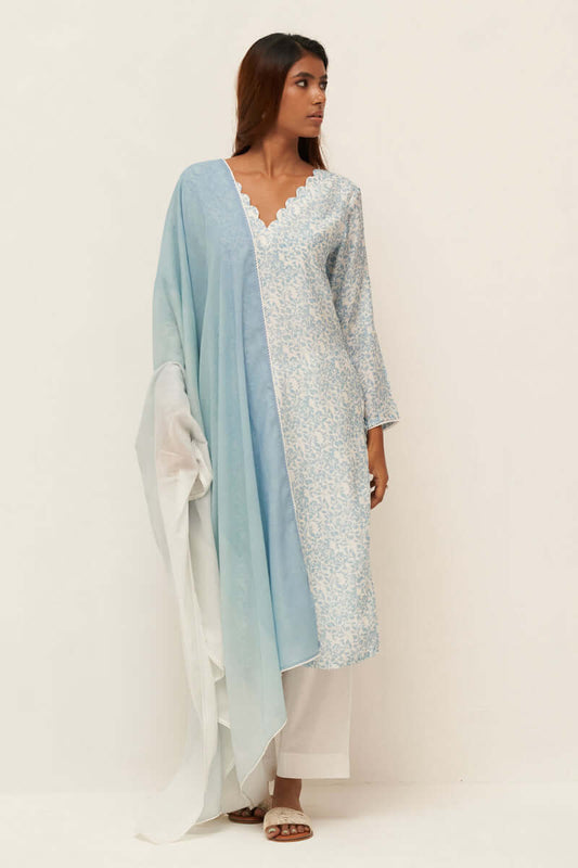 Women's Light Blue and White Bemberg Silk Printed Salwar Suit