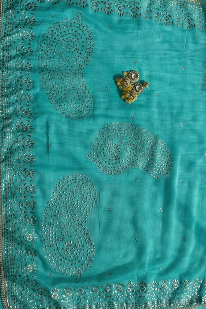 Dhiyona ST 3 Pc Unstitched Suit - Chanderi Turq Mukiesh Kurta with Lining ,Dupatta and Bottom