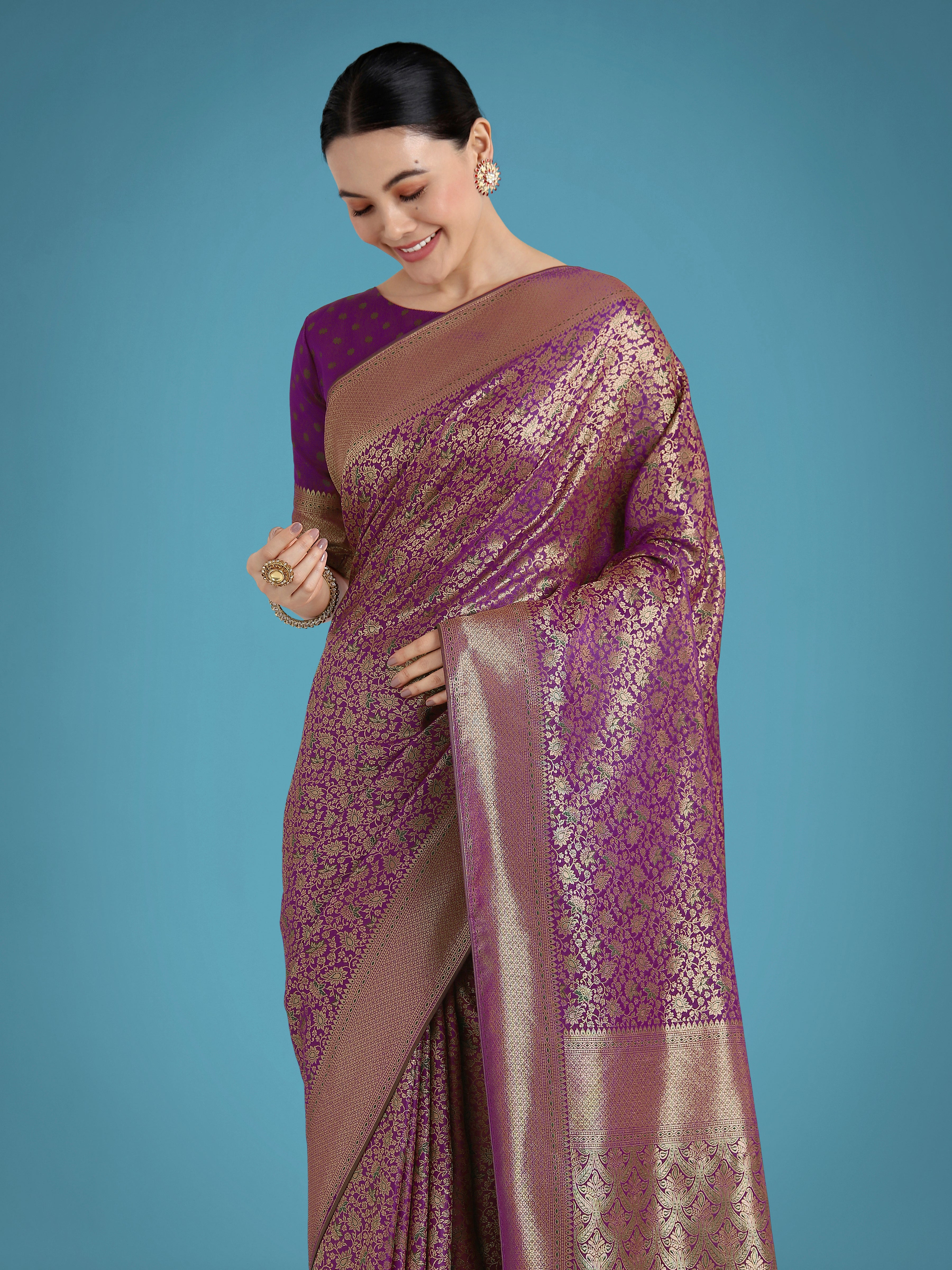 Dhiyona MJ Dark Purple Color Baanrasi Satin Silk Saree for Wedding Functions