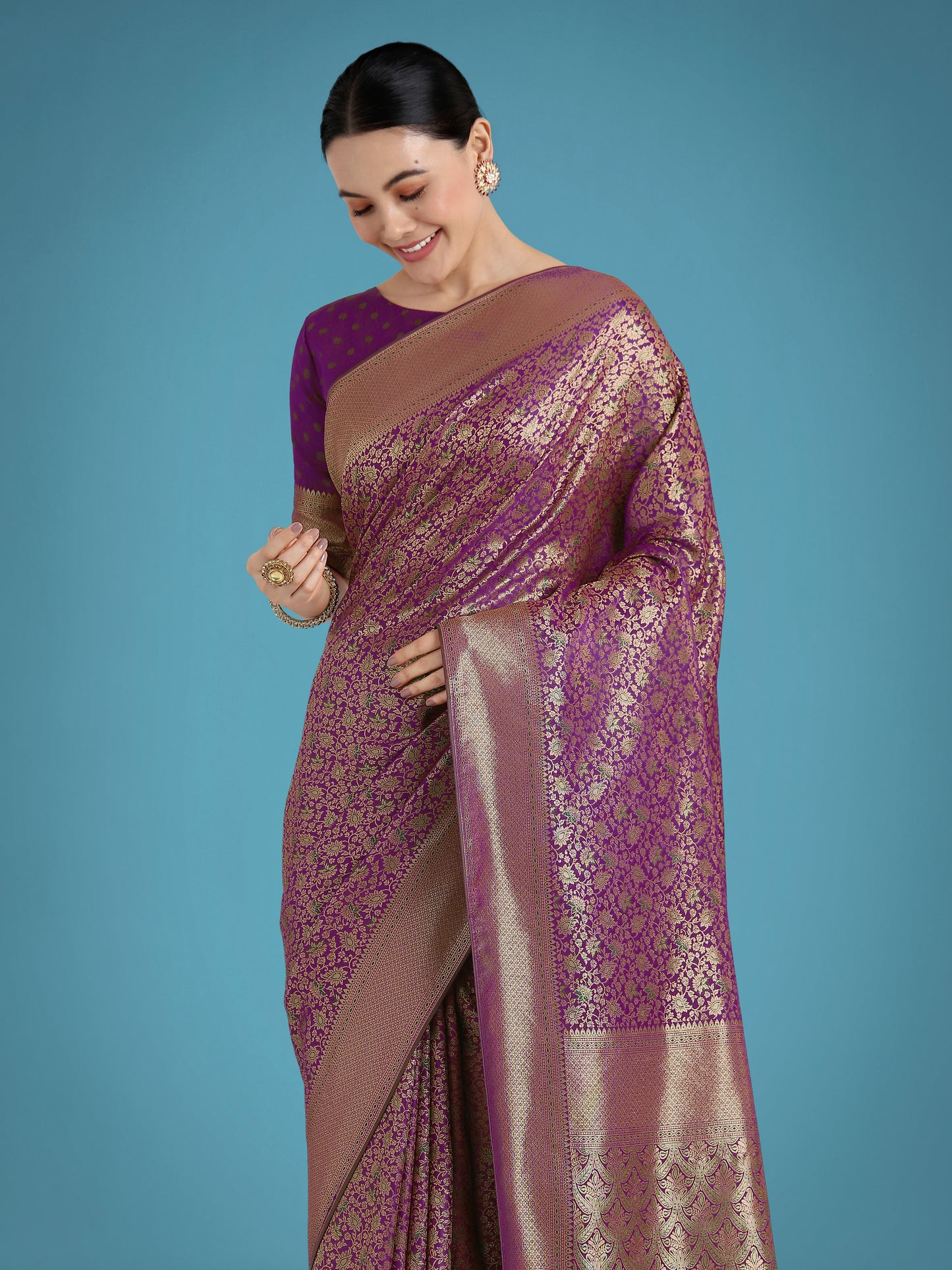 Dhiyona MJ Dark Purple Color Baanrasi Satin Silk Saree for Wedding Functions