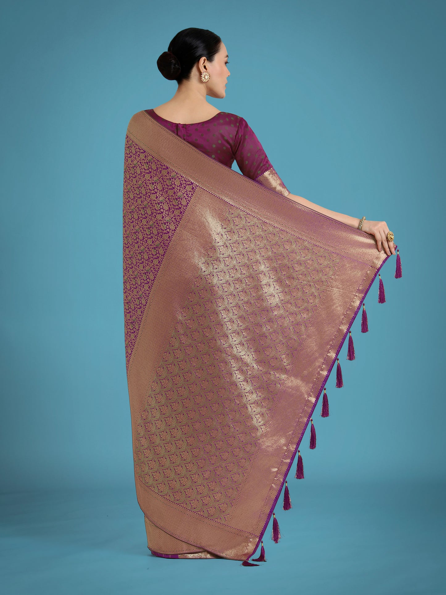 Dhiyona MJ Dark Purple Color Baanrasi Satin Silk Saree for Wedding Functions