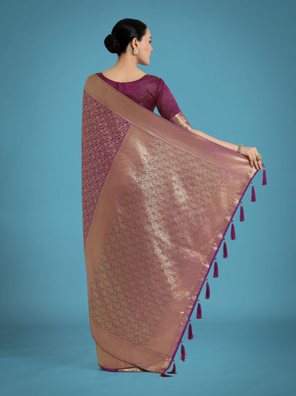 Dhiyona MJ Dark Purple Color Baanrasi Satin Silk Saree for Wedding Functions