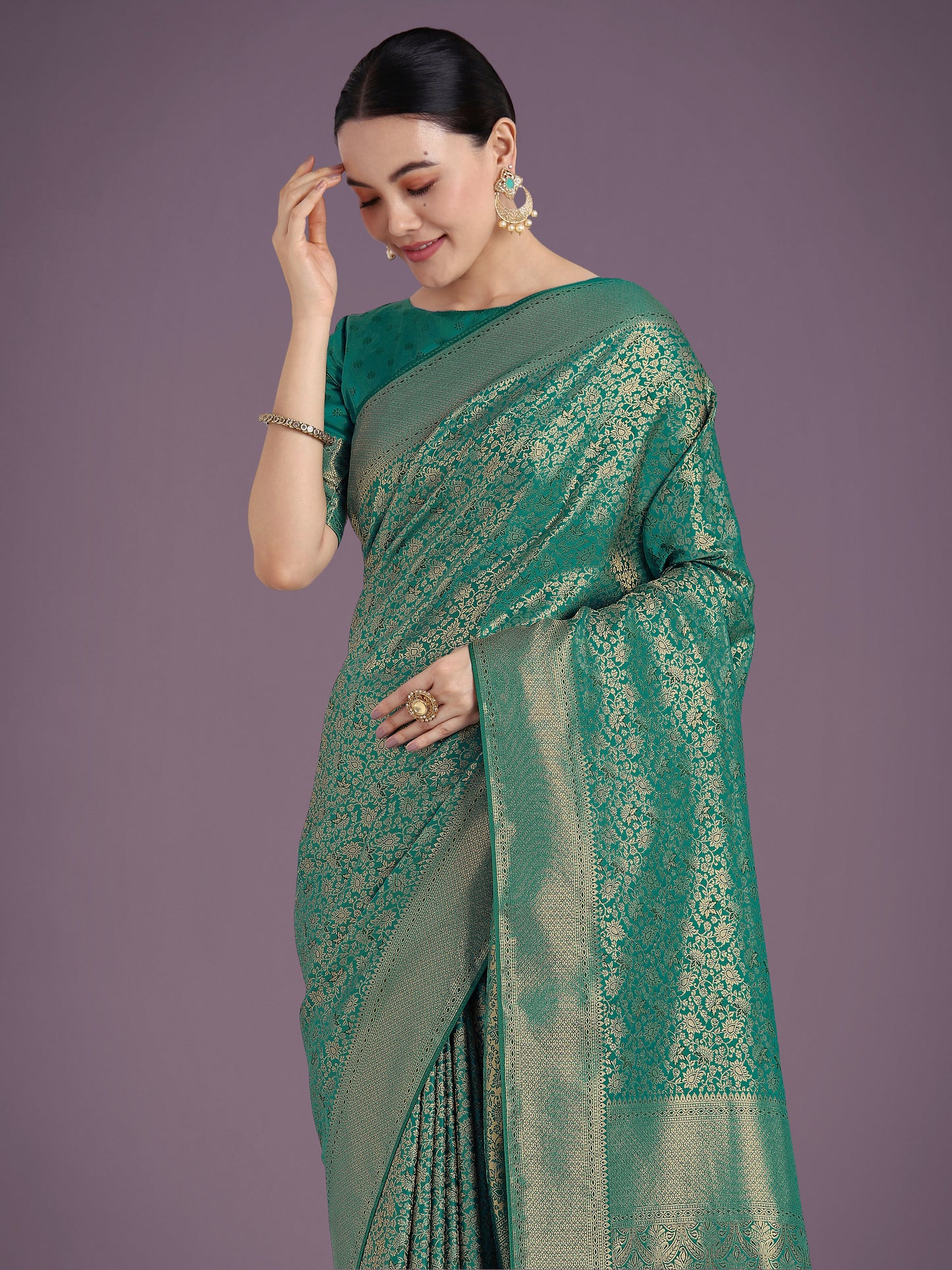 Dhiyona MJ Teal Color Baanrasi Satin Silk Saree for Wedding Functions