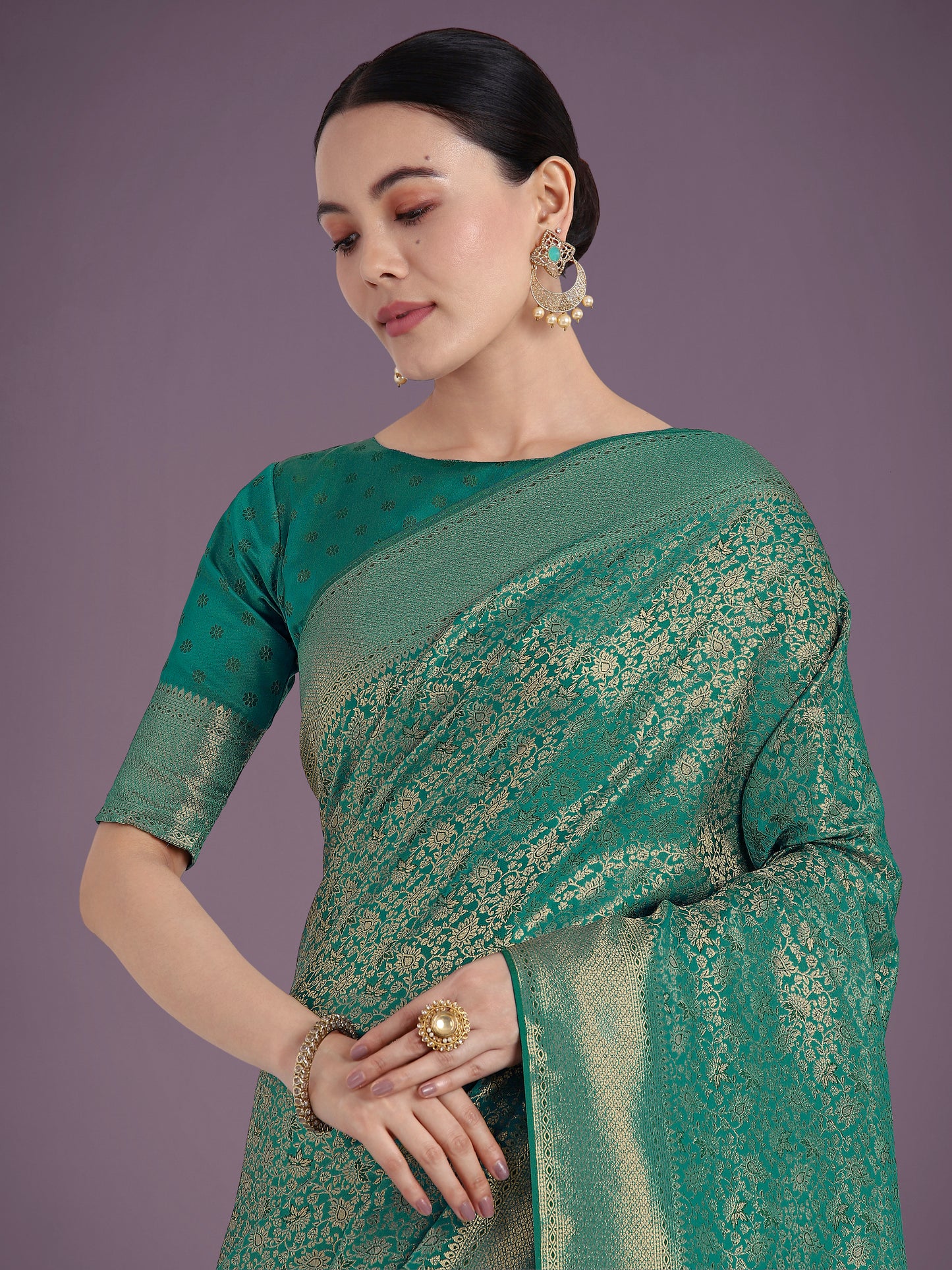 Dhiyona MJ Teal Color Baanrasi Satin Silk Saree for Wedding Functions