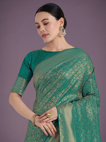 Dhiyona MJ Teal Color Baanrasi Satin Silk Saree for Wedding Functions