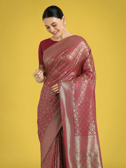 Dhiyona MJ Maroon Color Baanrasi Satin Silk Saree for Wedding Functions