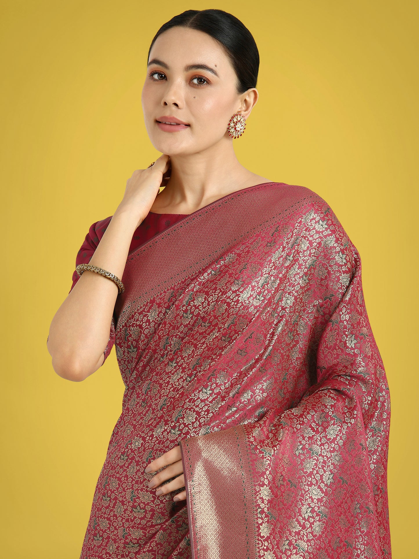 Dhiyona MJ Maroon Color Baanrasi Satin Silk Saree for Wedding Functions