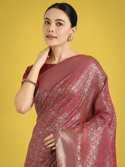 Dhiyona MJ Maroon Color Baanrasi Satin Silk Saree for Wedding Functions