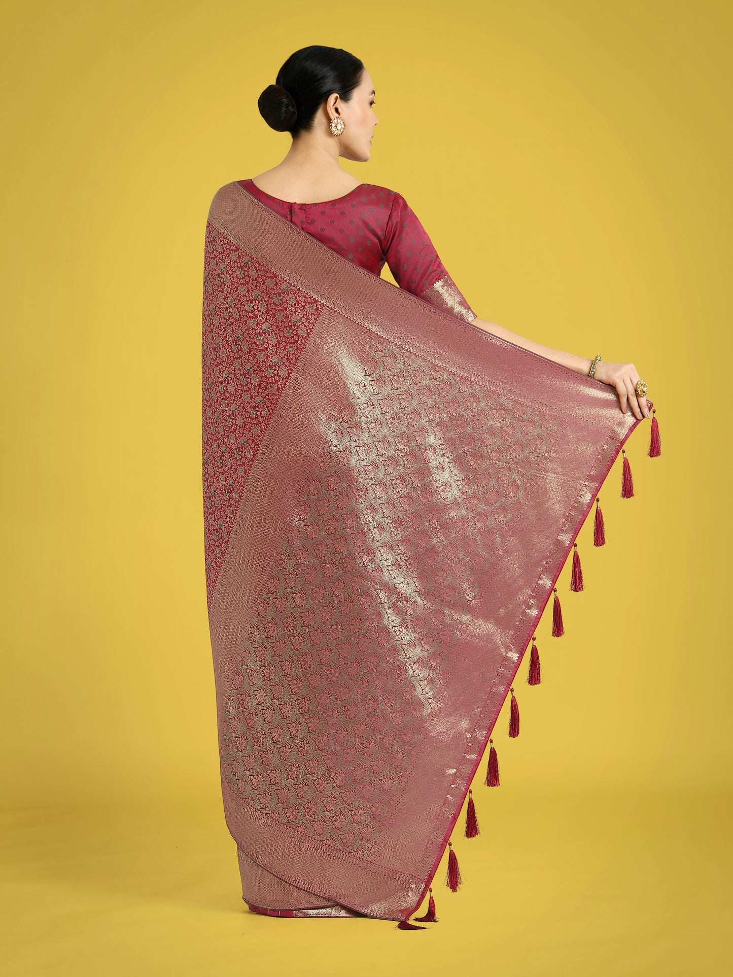 Dhiyona MJ Maroon Color Baanrasi Satin Silk Saree for Wedding Functions