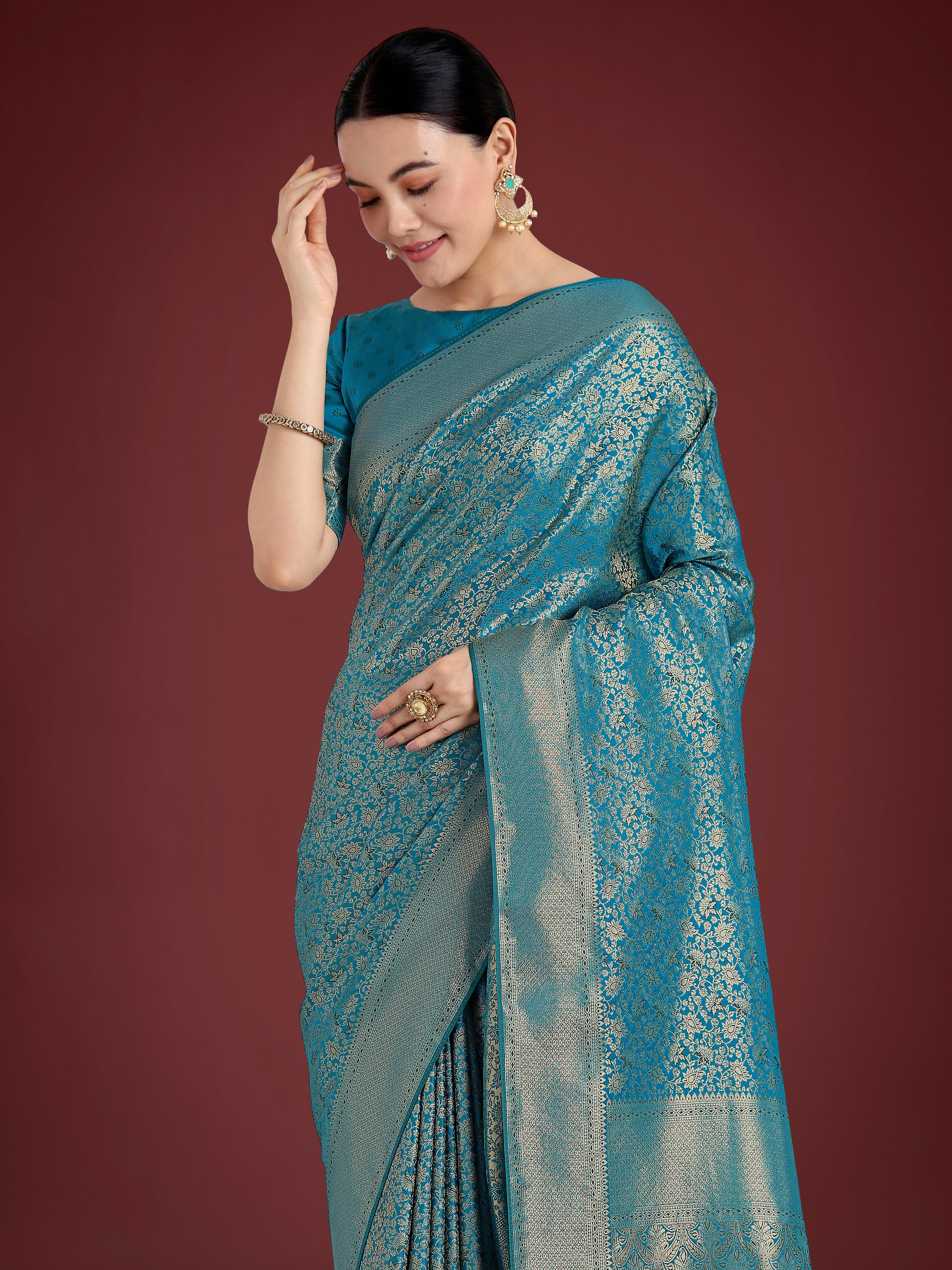 Dhiyona MJ Dusty Cyan Color Baanrasi Satin Silk Saree for Wedding Functions