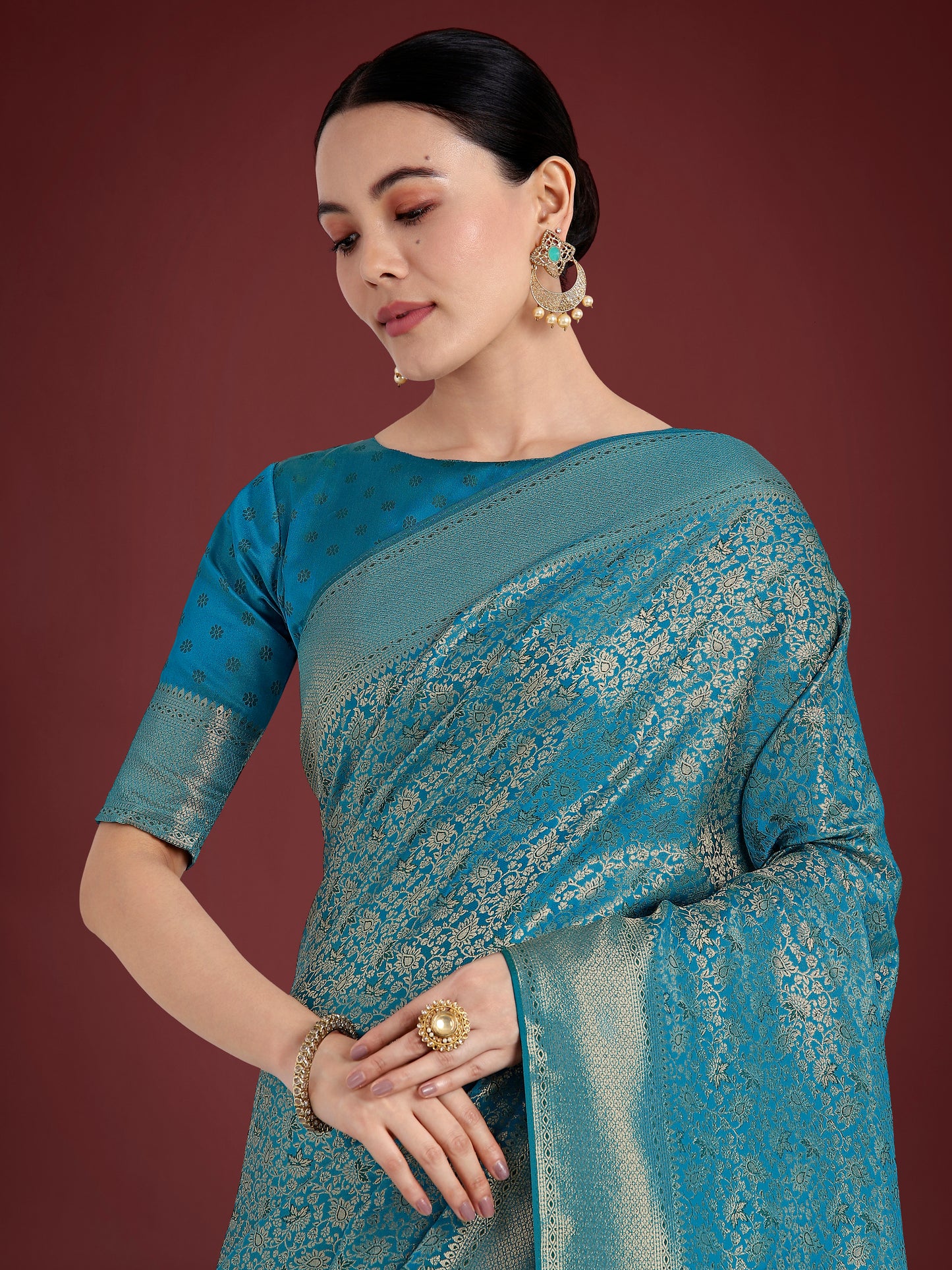 Dhiyona MJ Dusty Cyan Color Baanrasi Satin Silk Saree for Wedding Functions