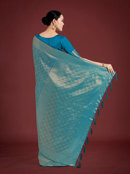 Dhiyona MJ Dusty Cyan Color Baanrasi Satin Silk Saree for Wedding Functions