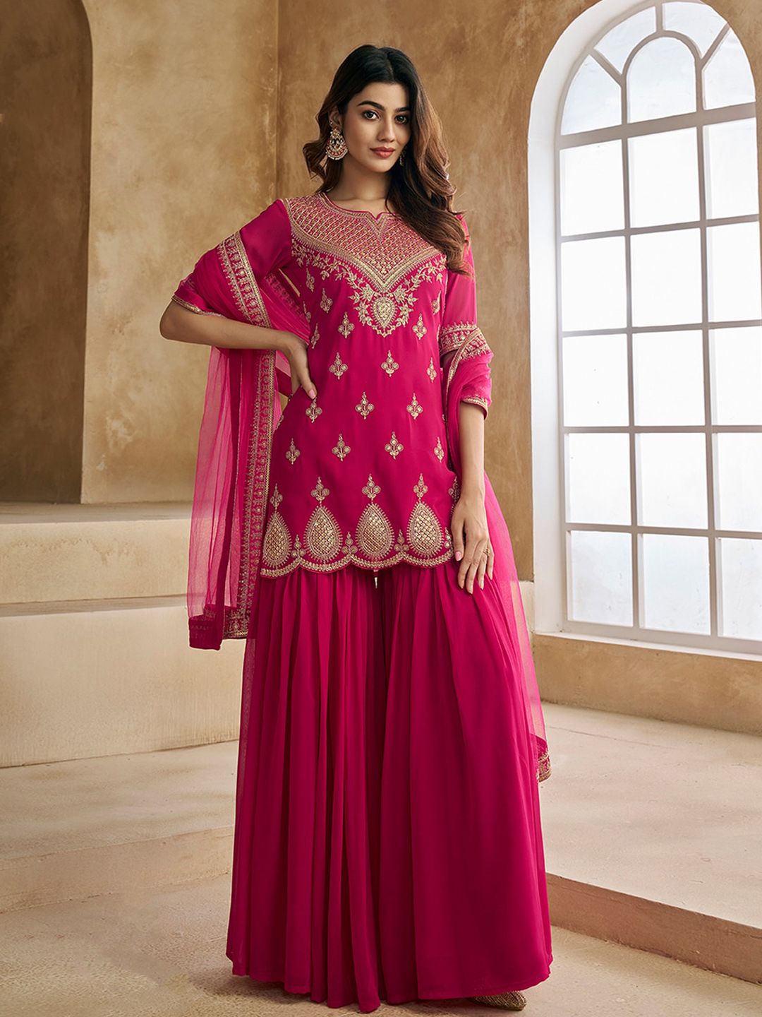 Dhiyona IN Ethnic Motifs Embroidered Sequinned Scalloped Kurti with Sharara & Dupatta