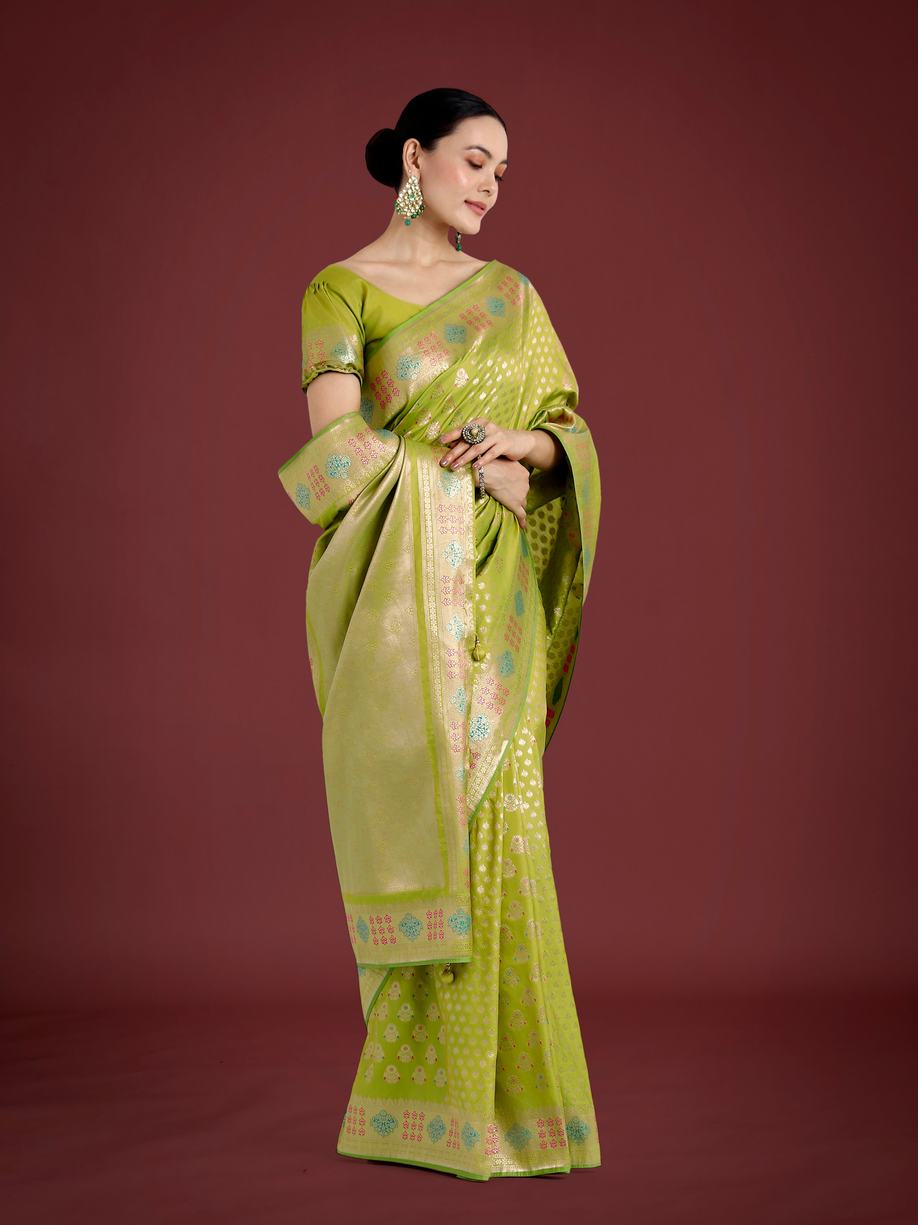 Dhiyona MJ Lime Green Colour Banarasi  Silk Zari Weaving Classic Saree