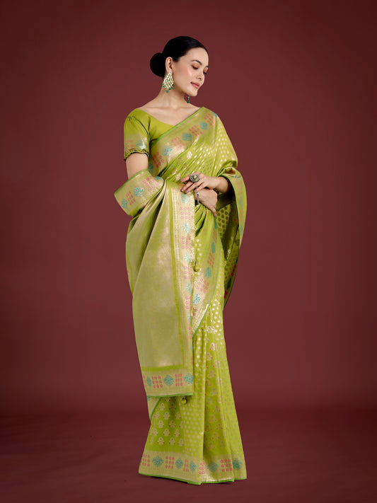 Dhiyona MJ Lime Green Colour Banarasi  Silk Zari Weaving Classic Saree