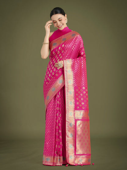 Dhiyona MJ Rani Pink Colour Banarasi Silk Zari Weaving Classic Saree