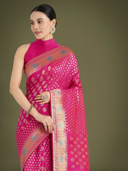 Dhiyona MJ Rani Pink Colour Banarasi Silk Zari Weaving Classic Saree