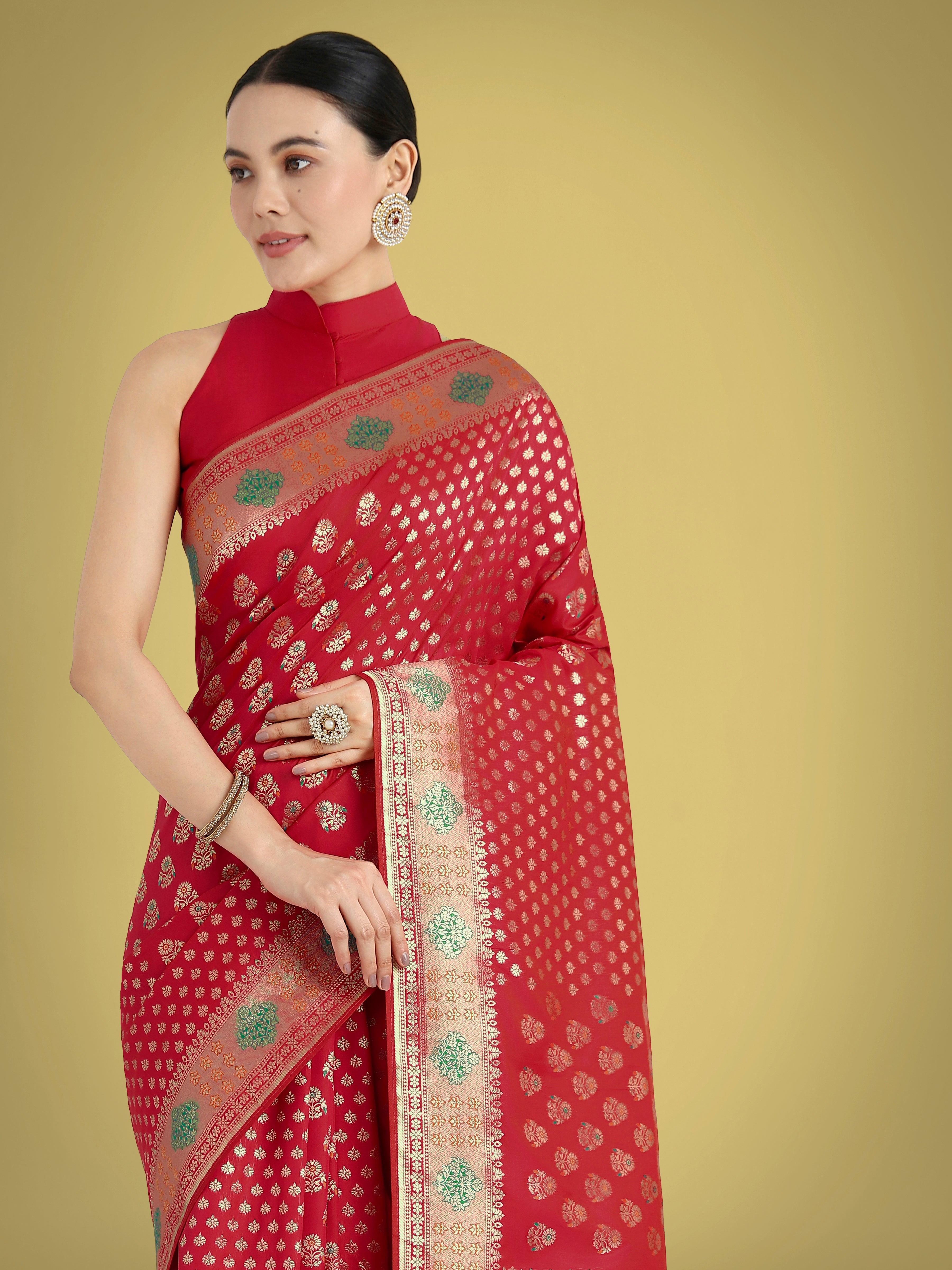 Dhiyona MJ Red Colour Banarasi Silk Zari Weaving Classic Saree