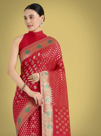 Dhiyona MJ Red Colour Banarasi Silk Zari Weaving Classic Saree