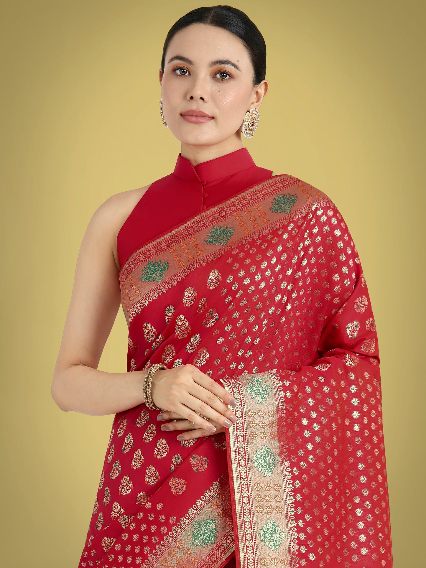 Dhiyona MJ Red Colour Banarasi Silk Zari Weaving Classic Saree