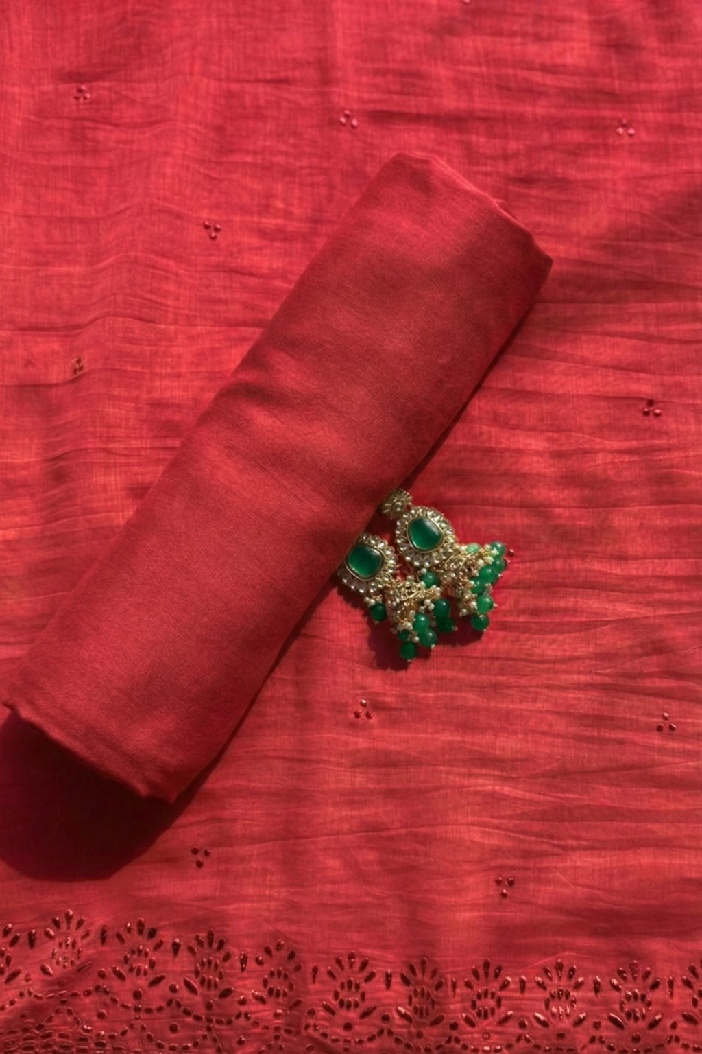 Dhiyona ST 3 Pc Unstitched Suit - Chanderi Red Mukiesh Kurta with Lining ,Dupatta and Bottom