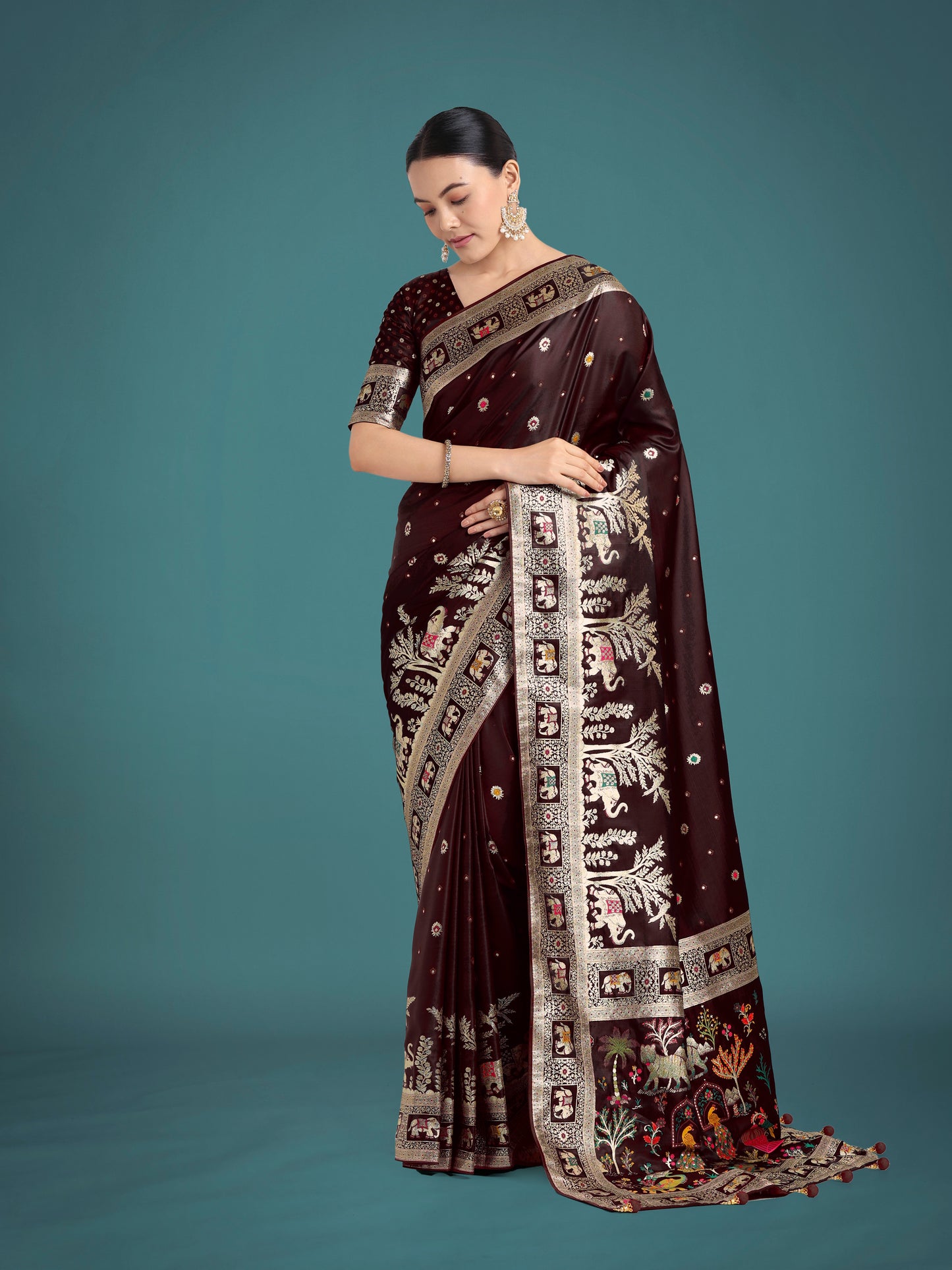 Dhiyona MJ Gorgeous Maroon Woven Banarasi Designer Satin Silk Saree