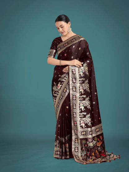 Dhiyona MJ Gorgeous Maroon Woven Banarasi Designer Satin Silk Saree