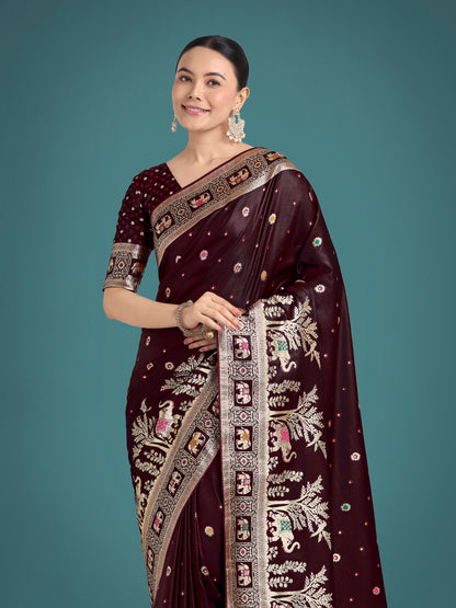 Dhiyona MJ Gorgeous Maroon Woven Banarasi Designer Satin Silk Saree