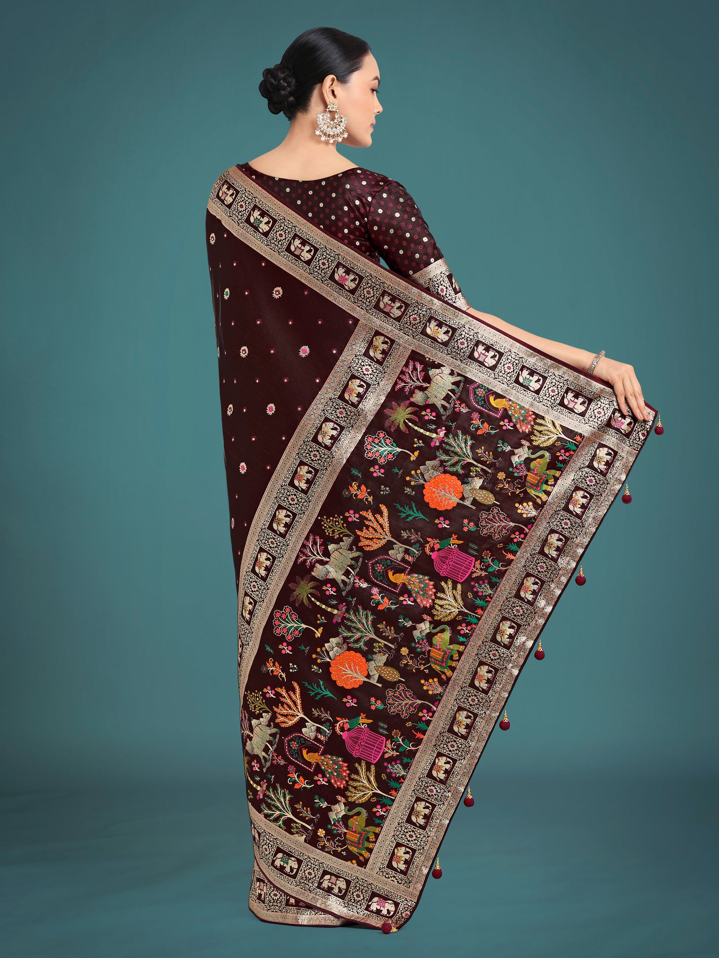 Dhiyona MJ Gorgeous Maroon Woven Banarasi Designer Satin Silk Saree