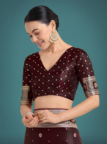 Dhiyona MJ Gorgeous Maroon Woven Banarasi Designer Satin Silk Saree