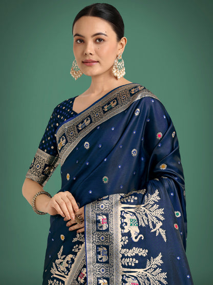 Dhiyona MJ Gorgeous Blue Woven Banarasi Designer Satin Silk Saree
