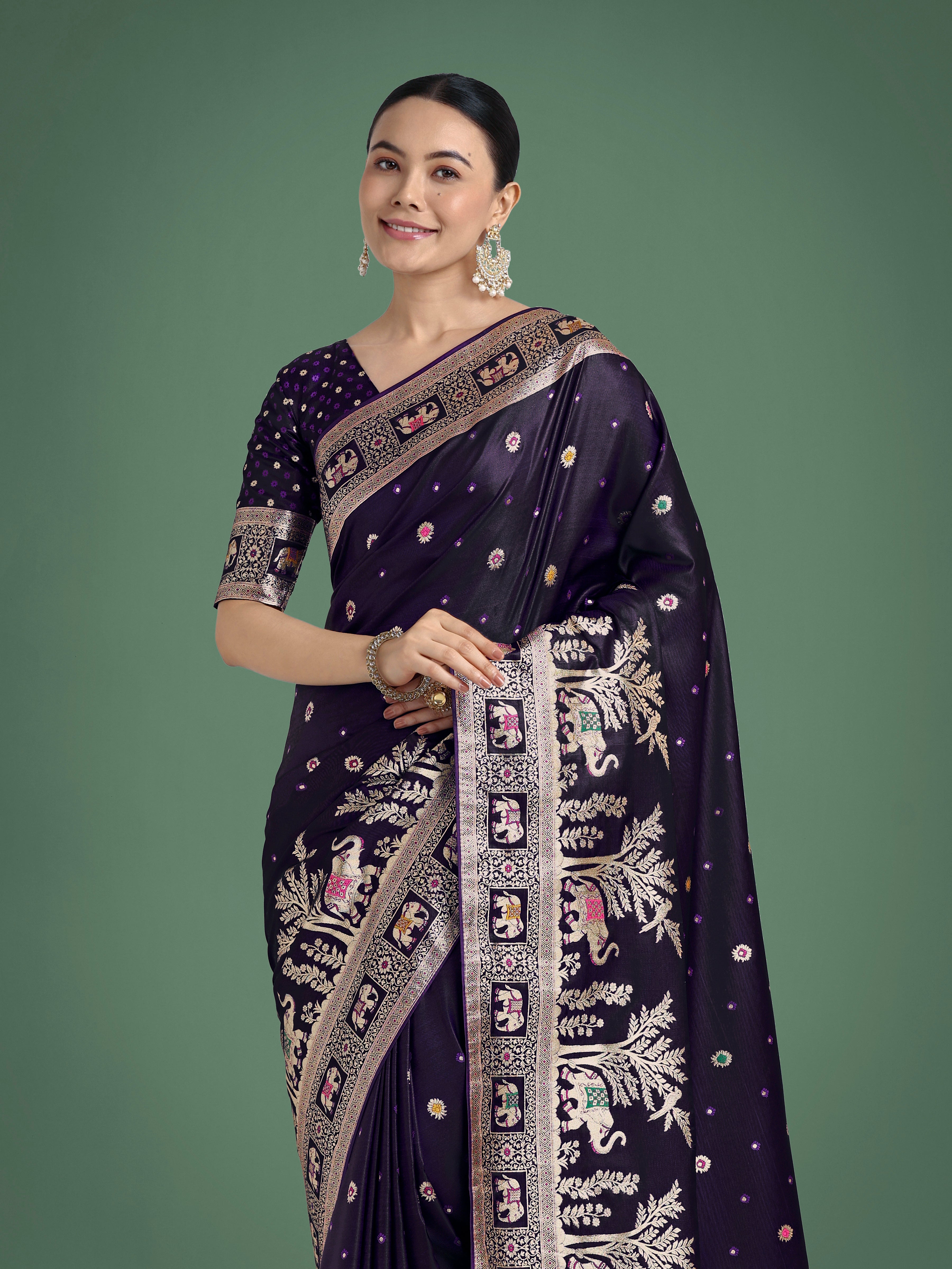 Dhiyona MJ Gorgeous Purple Woven Banarasi Designer Satin Silk Saree
