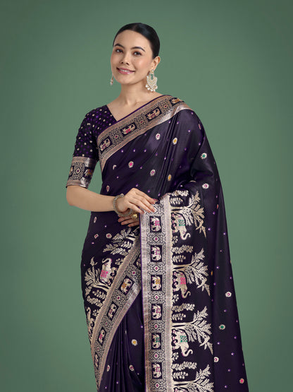 Dhiyona MJ Gorgeous Purple Woven Banarasi Designer Satin Silk Saree