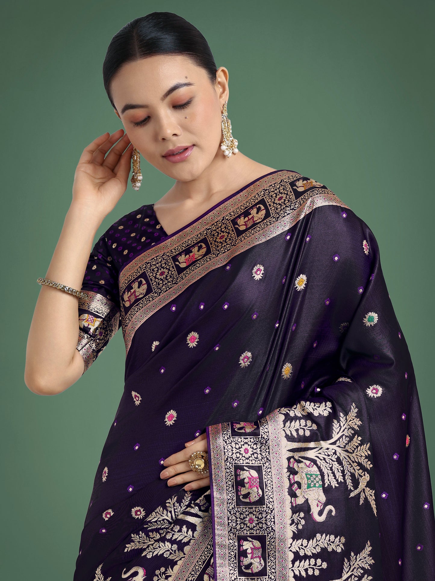 Dhiyona MJ Gorgeous Purple Woven Banarasi Designer Satin Silk Saree