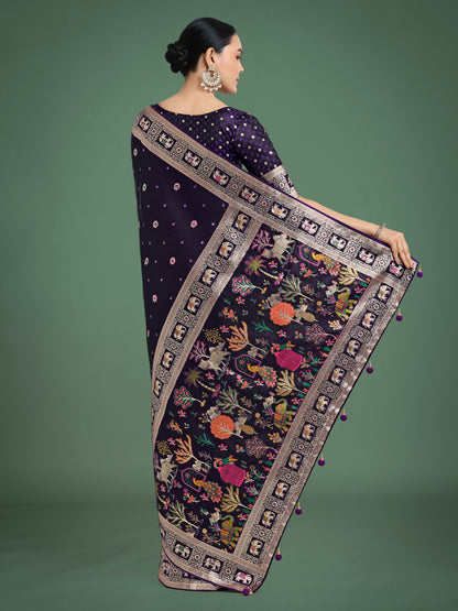 Dhiyona MJ Gorgeous Purple Woven Banarasi Designer Satin Silk Saree