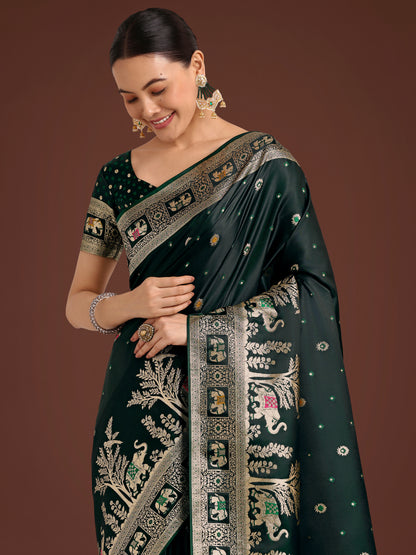 Dhiyona MJ Gorgeous Dark Green Woven Banarasi Designer Satin Silk Saree