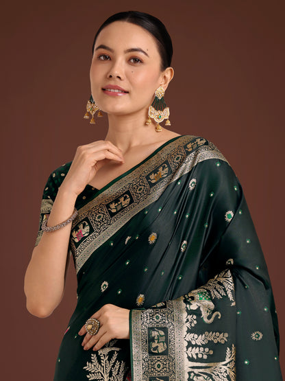 Dhiyona MJ Gorgeous Dark Green Woven Banarasi Designer Satin Silk Saree