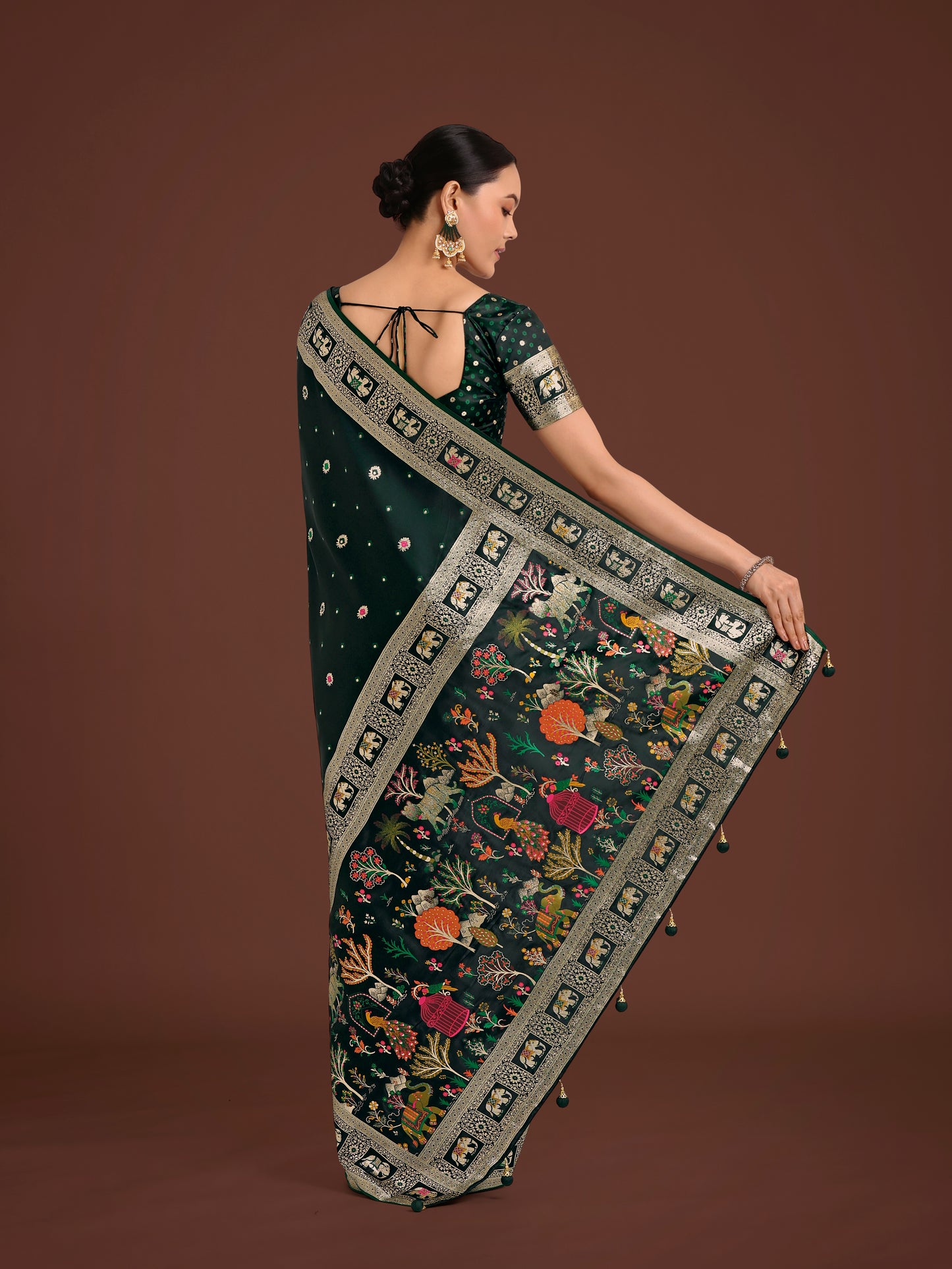 Dhiyona MJ Gorgeous Dark Green Woven Banarasi Designer Satin Silk Saree