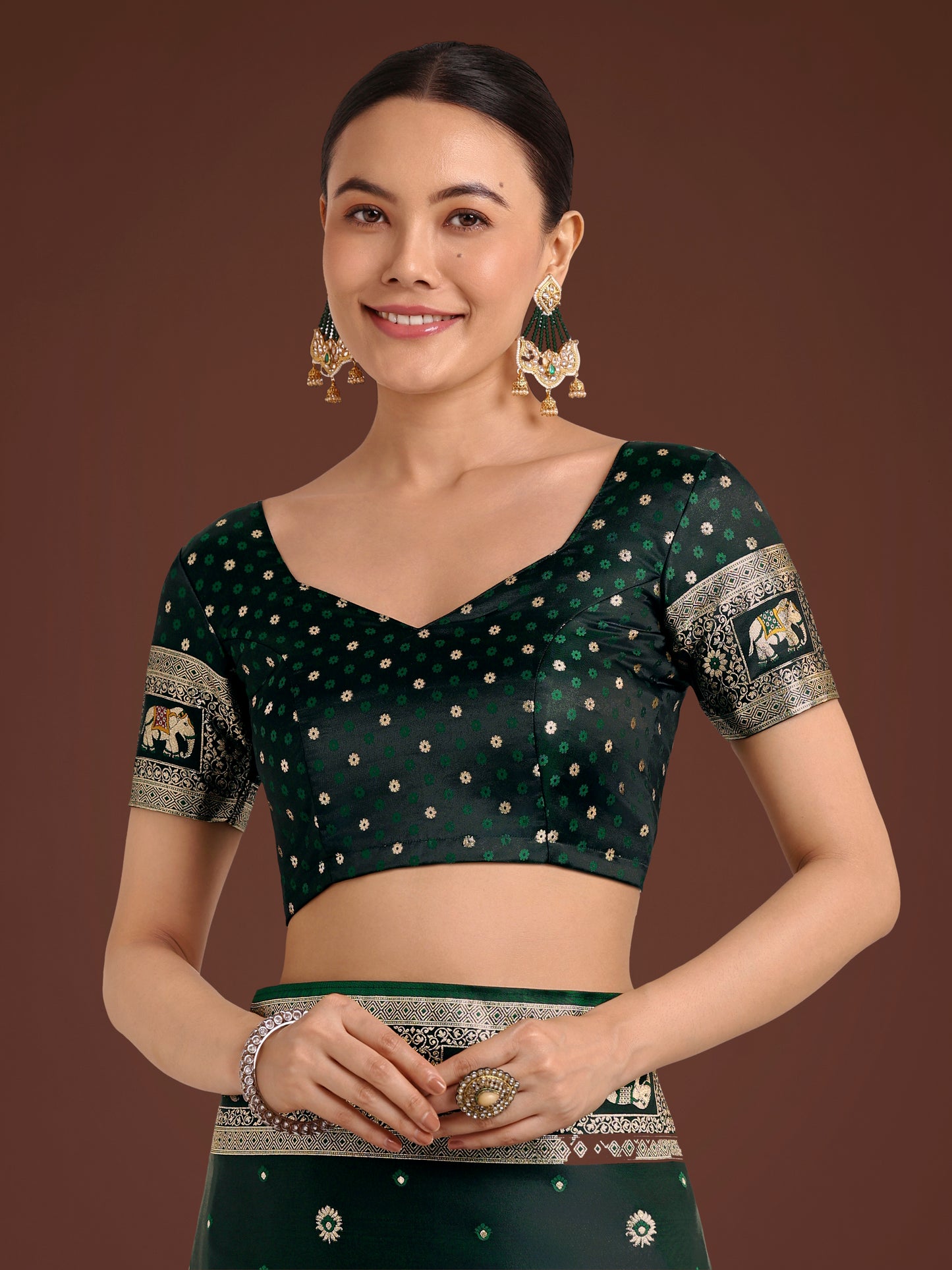 Dhiyona MJ Gorgeous Dark Green Woven Banarasi Designer Satin Silk Saree