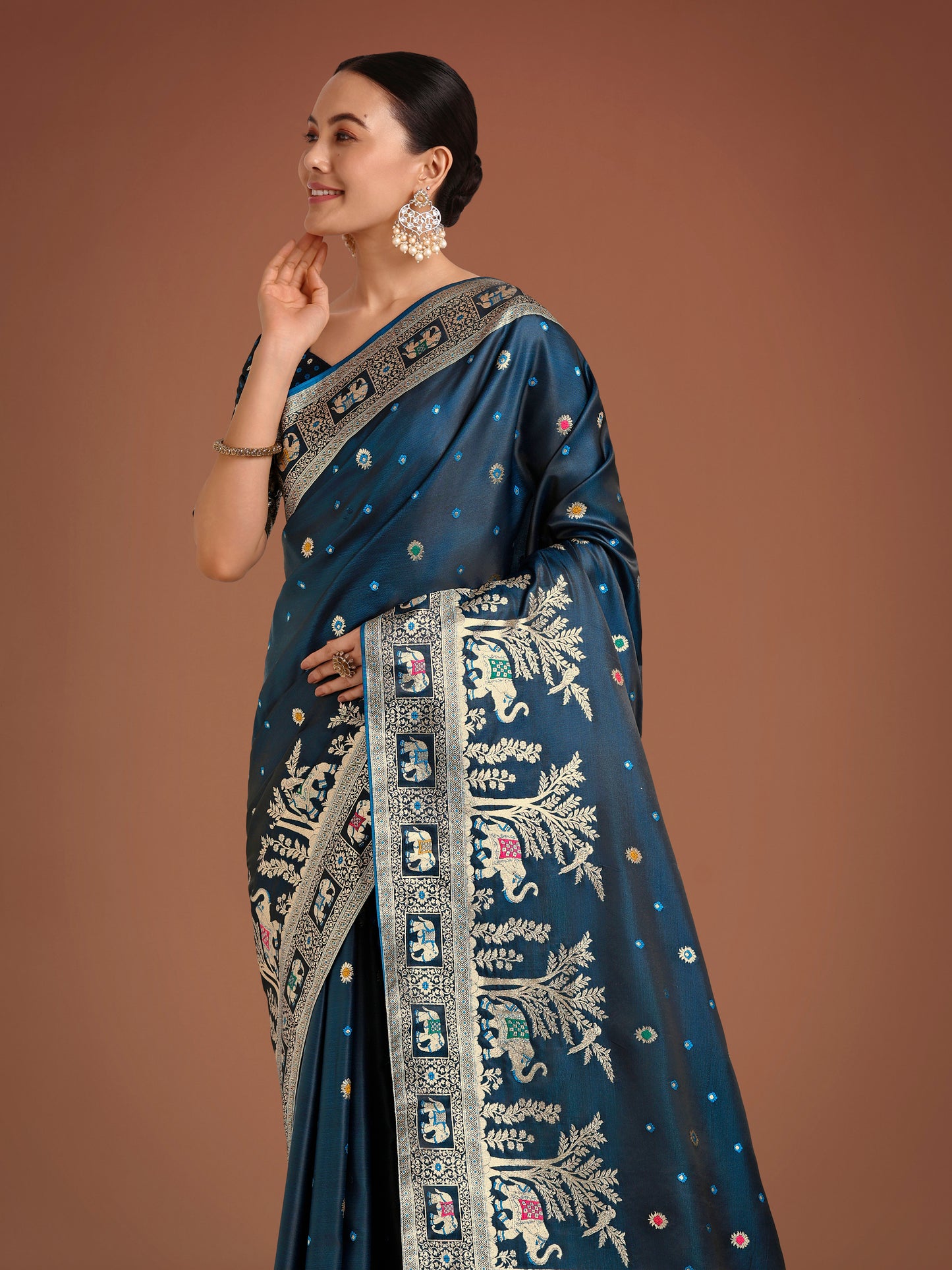 Dhiyona MJ Gorgeous Dark Teal Woven Banarasi Designer Satin Silk Saree