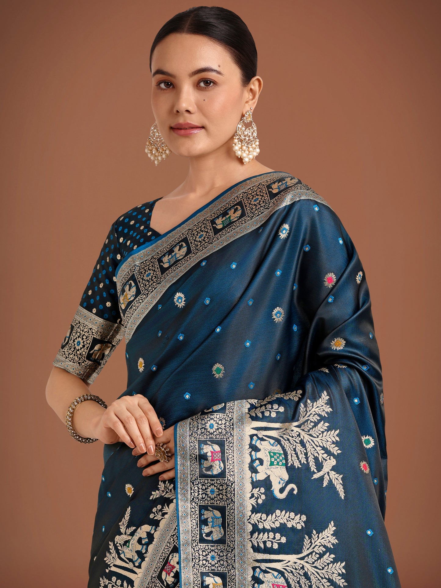 Dhiyona MJ Gorgeous Dark Teal Woven Banarasi Designer Satin Silk Saree