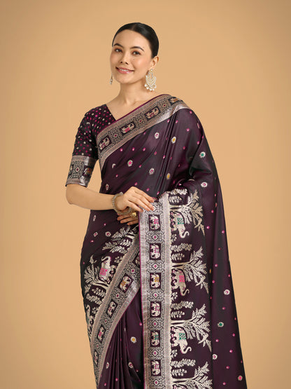 Dhiyona MJ Gorgeous Wine Woven Banarasi Designer Satin Silk Saree
